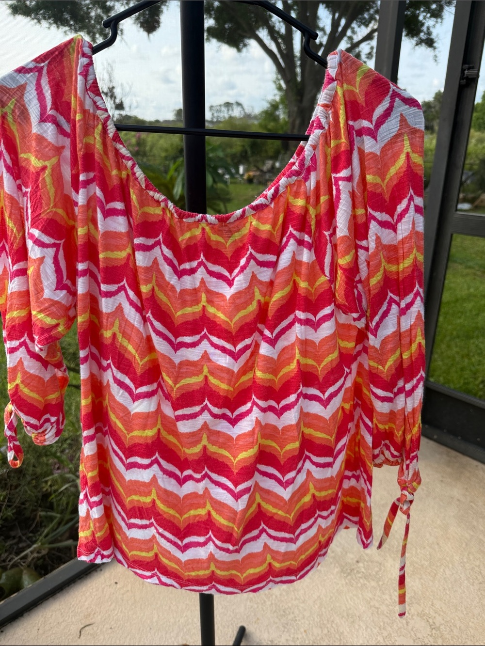 Ann Taylor Pink, Red, Yellow & White Chevron Off-Shoulder Blouse